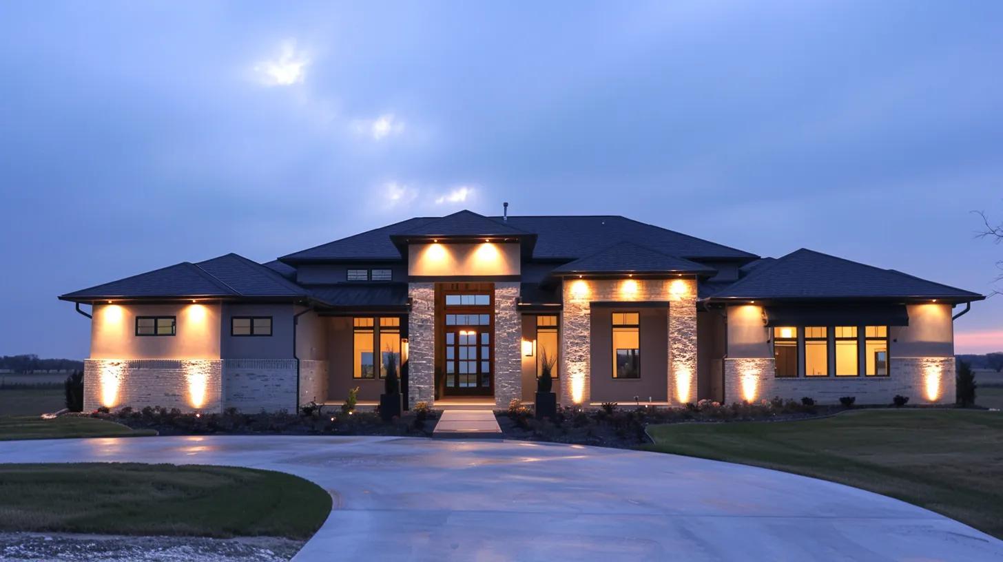 a modern, energy-efficient home in waco, tx, showcases sleek architectural lines and contemporary design, illuminated by soft indoor lighting to emphasize its impressive features and inviting ambiance.