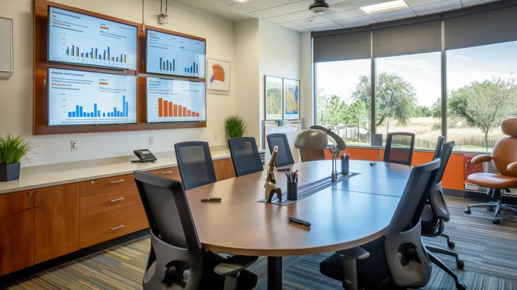 a modern, inviting office space displays a sleek conference table with charts and data analyses on screens, creating a professional atmosphere for discussing innovative strategies in the local housing market.