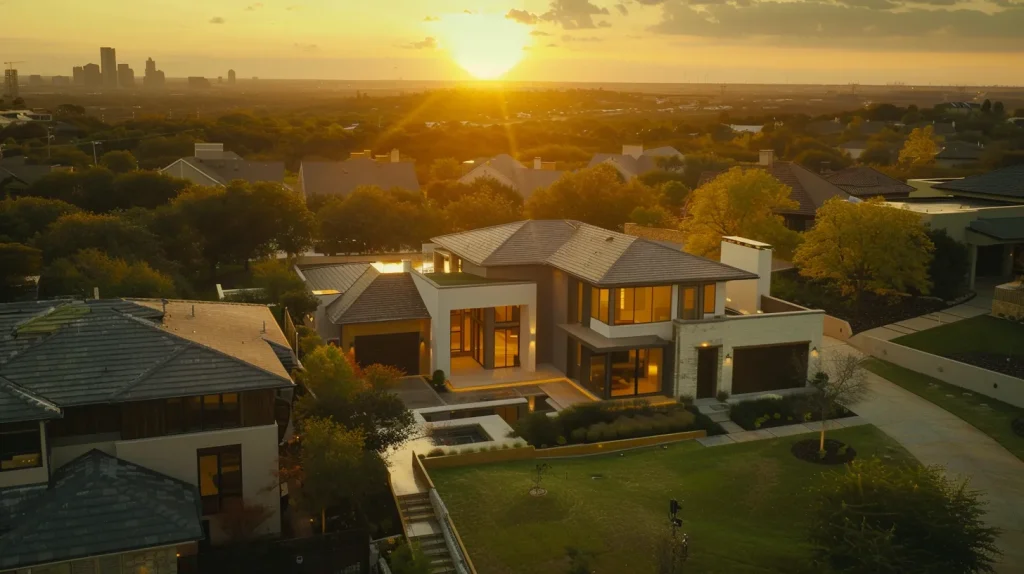 a sweeping aerial view captures a serene suburban neighborhood in temple, texas, showcasing modern single-family homes with inviting facades and meticulously manicured lawns bathed in the warm glow of the golden hour.