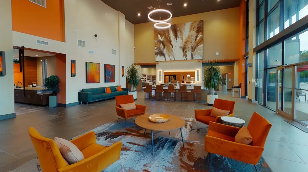 a vibrant interior shot of a modern, open-concept living space featuring sleek furniture, warm lighting, and stylish decor, inviting viewers to envision their future home in salado, tx.