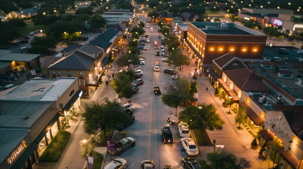 a vibrant urban street in killeen, tx, bustling with families enjoying community events in charming local shops, surrounded by inviting parks and schools, illuminated by warm evening lights.