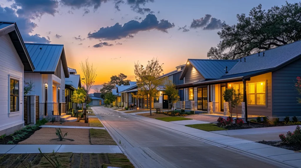 a vibrant urban street scene showcasing attractive, modern homes in waco, tx, with inviting front porches and well-defined architectural features, illuminated by the warm glow of evening lights.