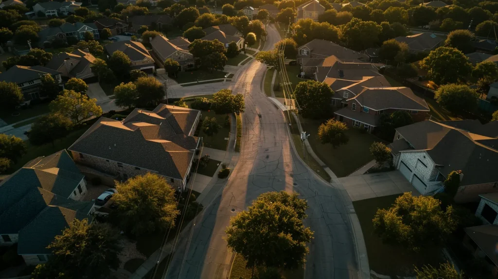 aerial view of a peaceful suburban neighborhood in temple, texas, showcasing well-maintained single-family homes with inviting driveways during golden hour, reflecting the charm of community living and the fulfillment of securing a dream home.