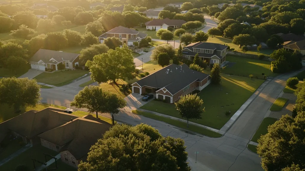aerial view of a serene suburban neighborhood in temple, texas, featuring well-maintained single-family homes with inviting driveways and lush front lawns, all bathed in the warm glow of golden hour, reflecting a thriving community rich in connection and opportunity.