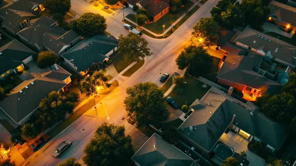 an aerial view of a modern suburban neighborhood in temple, texas, showcasing neatly arranged single-family homes with inviting curb appeal, capturing the growing confidence of potential buyers amid a thriving real estate market during the warm glow of golden hour.