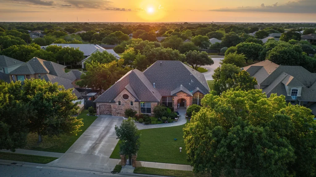 an inviting aerial view of a tranquil suburban neighborhood in temple, texas, showcasing well-kept single-family homes with tree-lined streets and vibrant front lawns during golden hour, embodying the community's charm and quality of life.