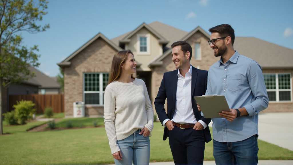 Young couple consulting with a real estate agent in front of a modern suburban home in Central Texas