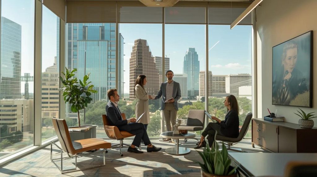 a sleek, modern office space featuring a confident real estate agent presenting a digital home valuation report to attentive homeowners, highlighted by sophisticated decor and a large window showcasing the vibrant central texas urban skyline.